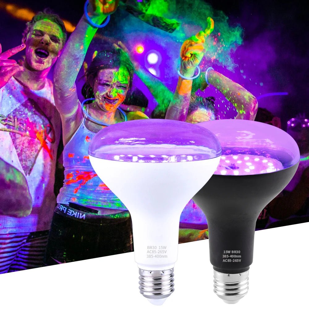 15W BR30 LED UV Black Light Bulb E26 E27, 395nm Glow Party Light - Hans Lumiere