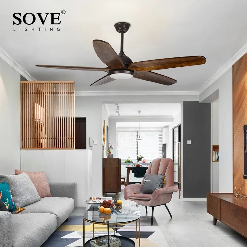 5 Wood Blade Ceiling Fan With LED Lights And Remote Control - Hans Lumiere