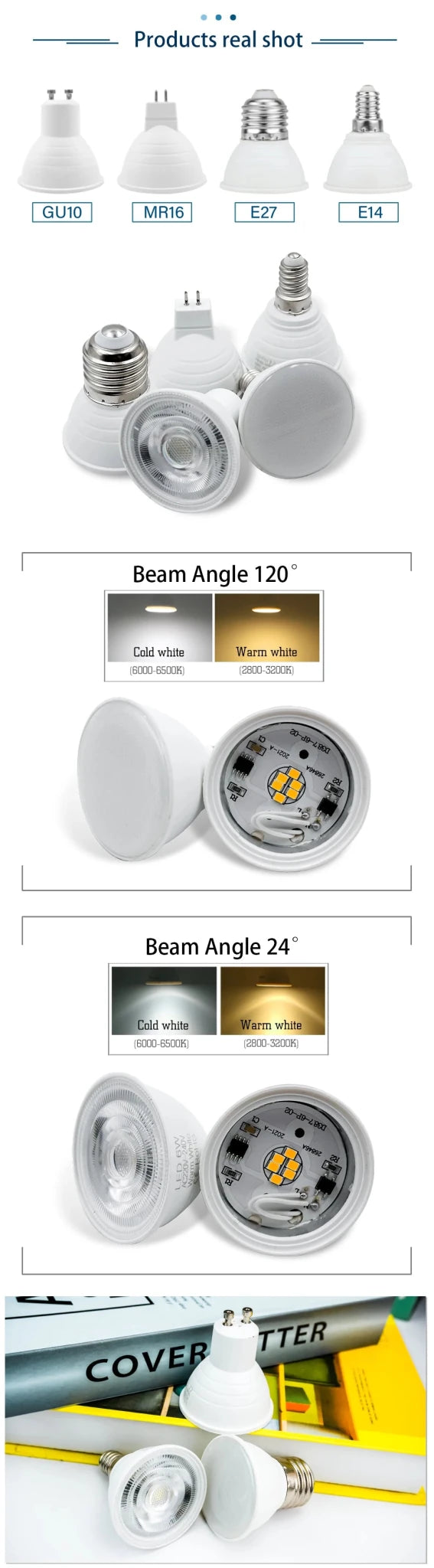 6W LED Spotlight Bulbs GU10 MR16 E27 E14, 24° or 120° Beam, 10 Pack - Hans Lumiere
