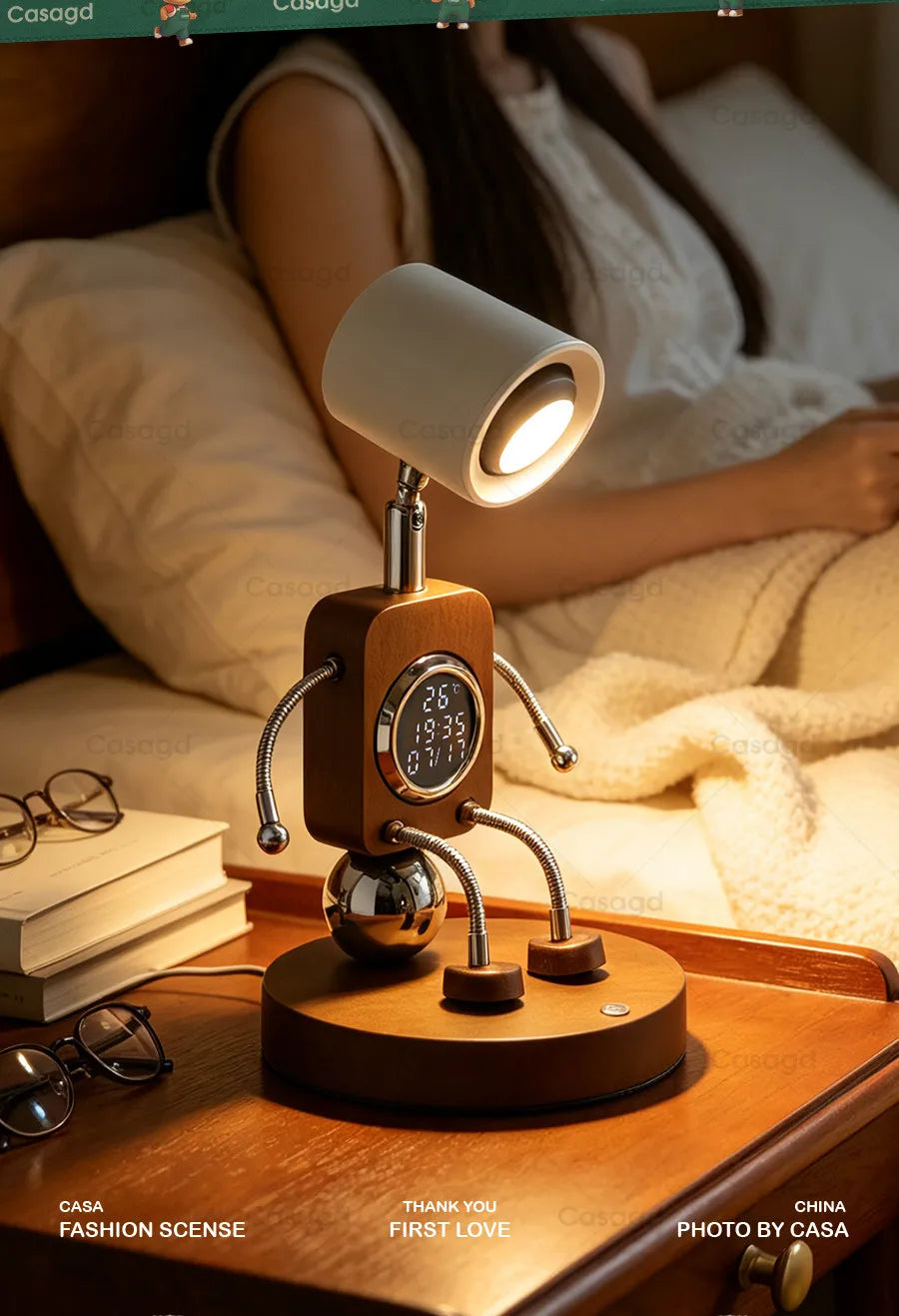 Wooden Robot Bedside Lamp - Adjustable Dimmable LED Night Light