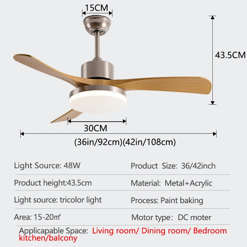 Ventilador de techo moderno de CC con luz LED y control remoto