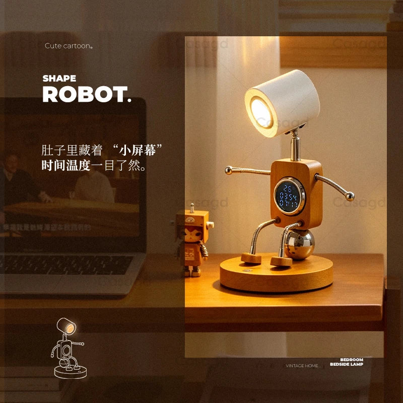Wooden Robot Bedside Lamp - Adjustable Dimmable LED Night Light