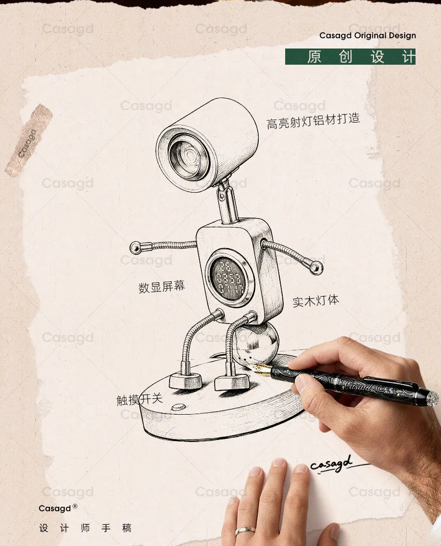 Wooden Robot Bedside Lamp - Adjustable Dimmable LED Night Light
