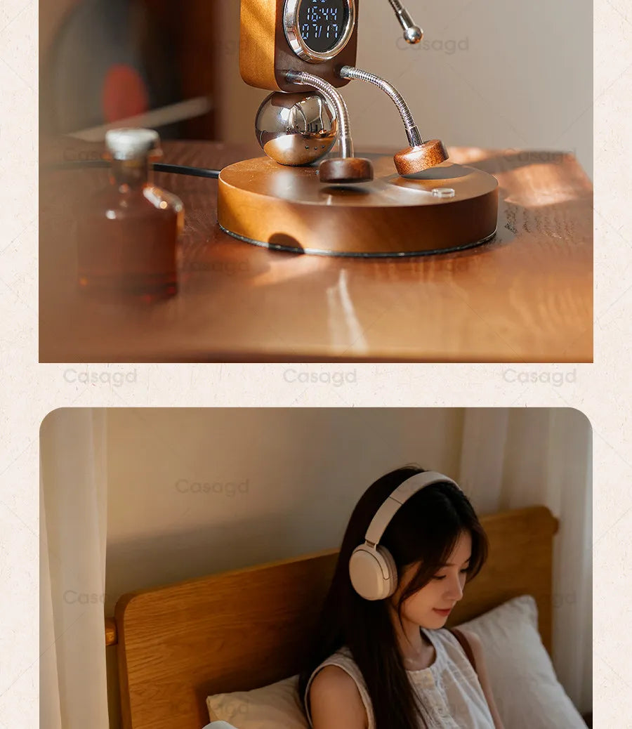Wooden Robot Bedside Lamp - Adjustable Dimmable LED Night Light