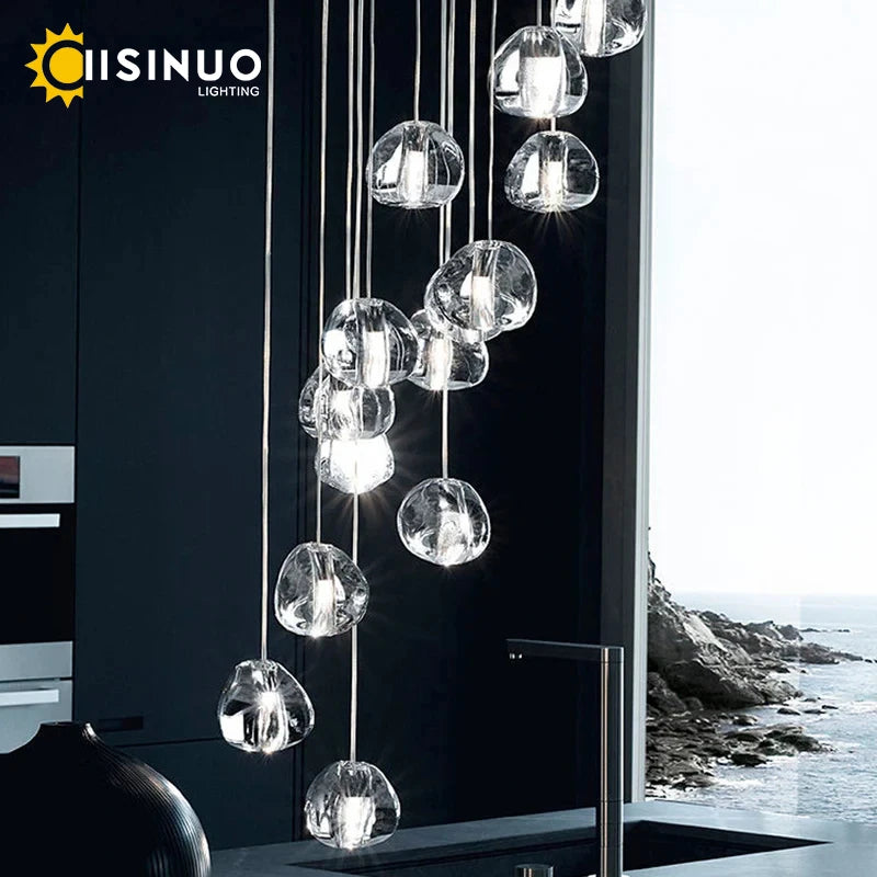 Crystal Ball Staircase Chandelier - Adjustable Cord Pendant Light Fixture