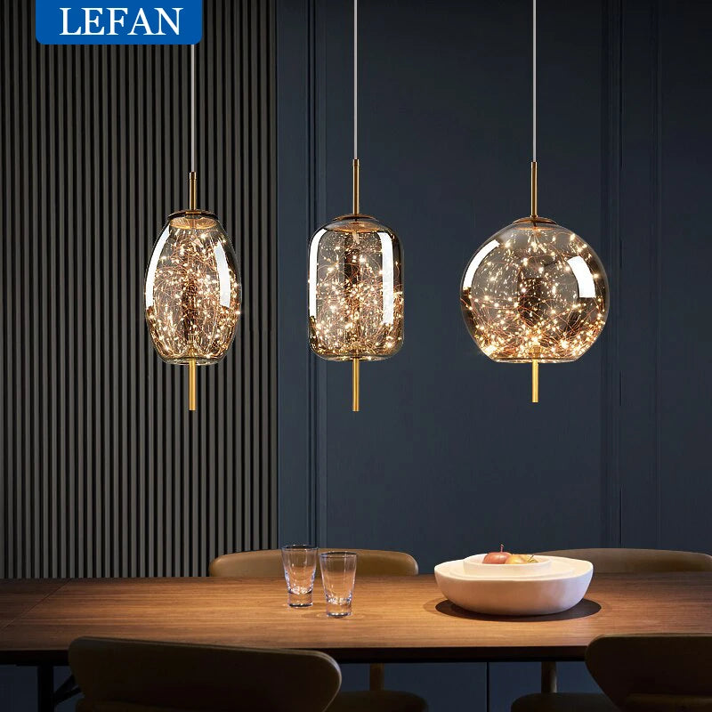 Modern Luxury Nordic Glass LED Pendant Light – Gold & Grey Chandelier for Dining Room