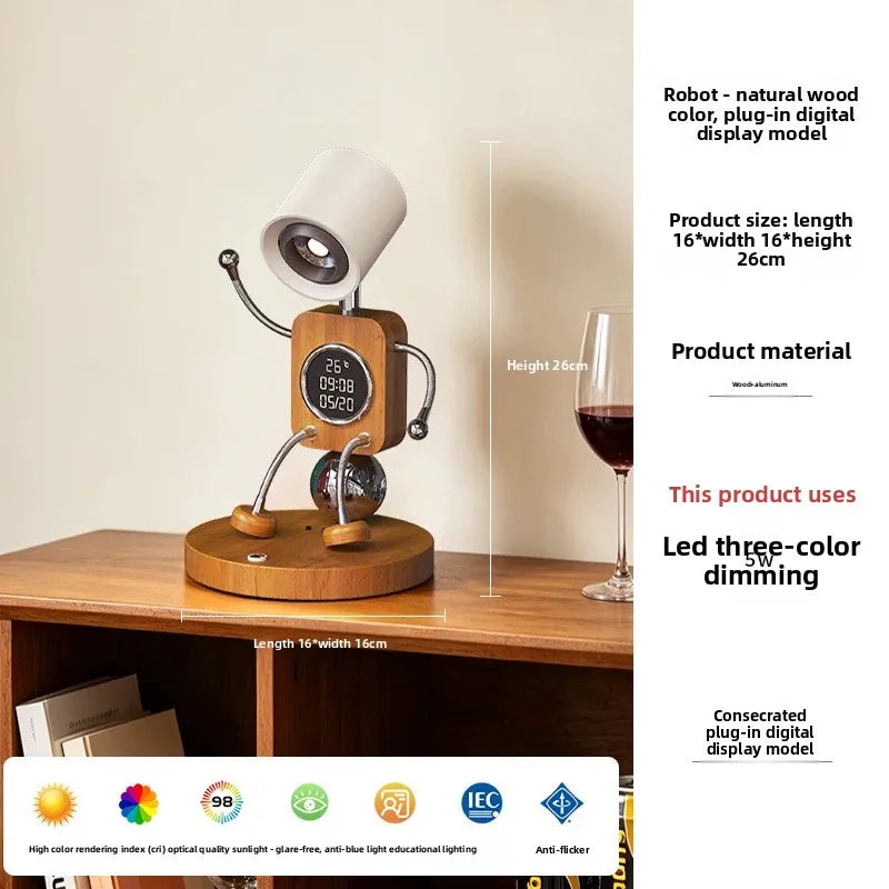 Wooden Robot Bedside Lamp - Adjustable Dimmable LED Night Light