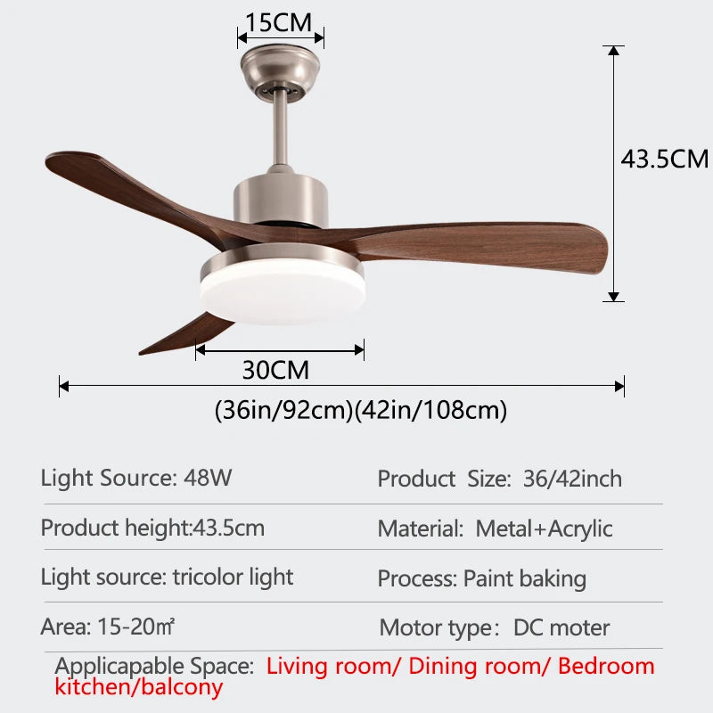 Ventilador de techo moderno de CC con luz LED y control remoto