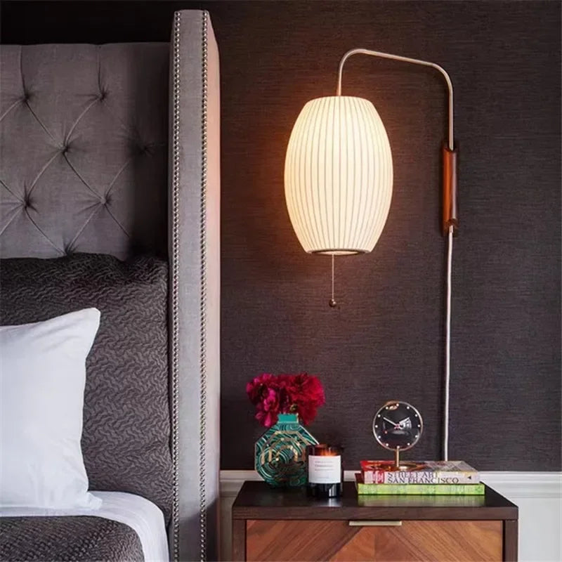 Wabi-Sabi Silk & Wood Wall Lamp – Japanese Style Sconce