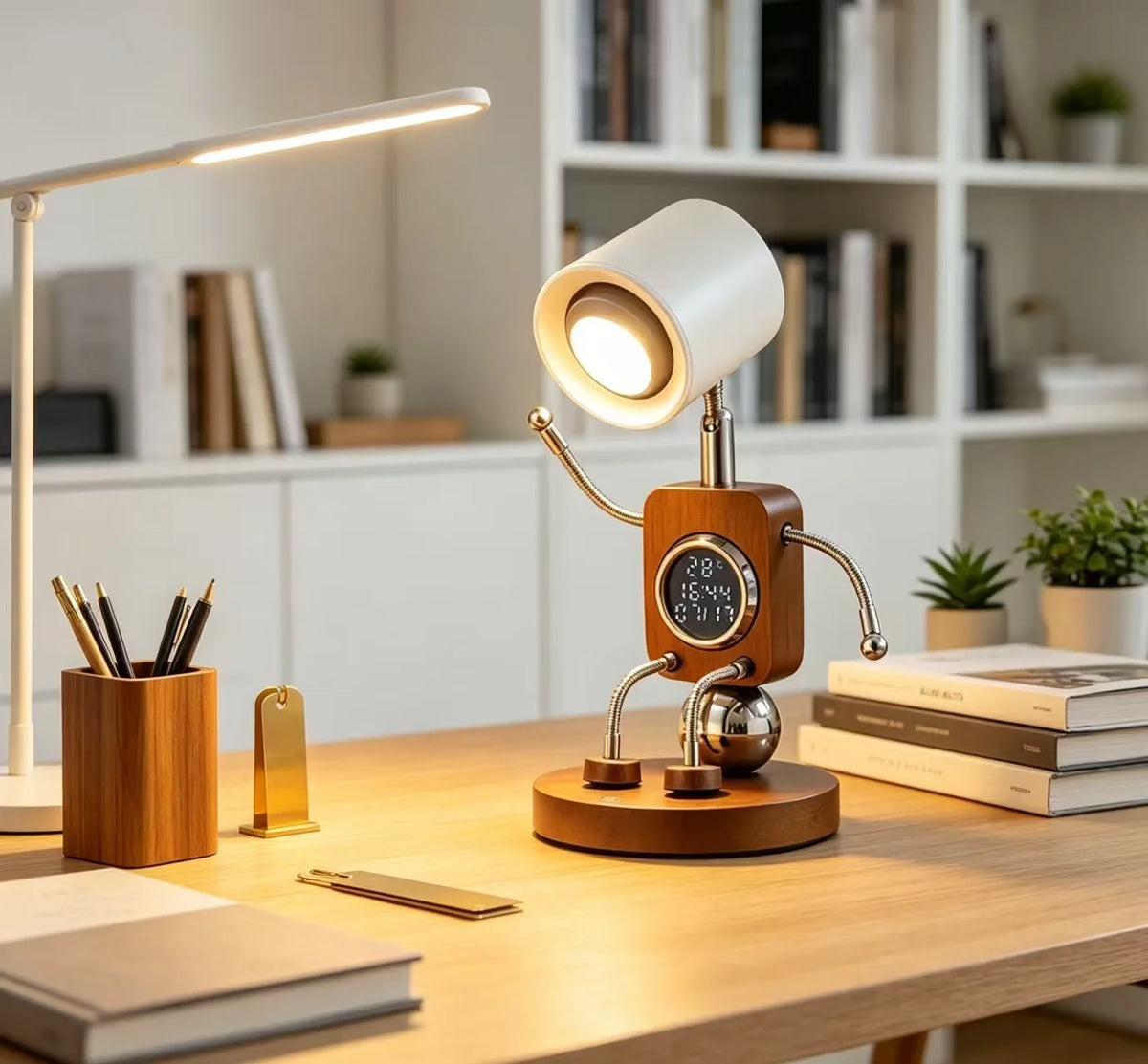 Wooden Robot Bedside Lamp - Adjustable Dimmable LED Night Light