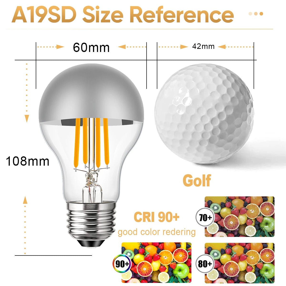 A19 Half Silver Mirror Top Edison LED Filament Bulbs E27 4W 8W 2700K Dimmable, 15 or 25 Pack - Hans Lumiere
