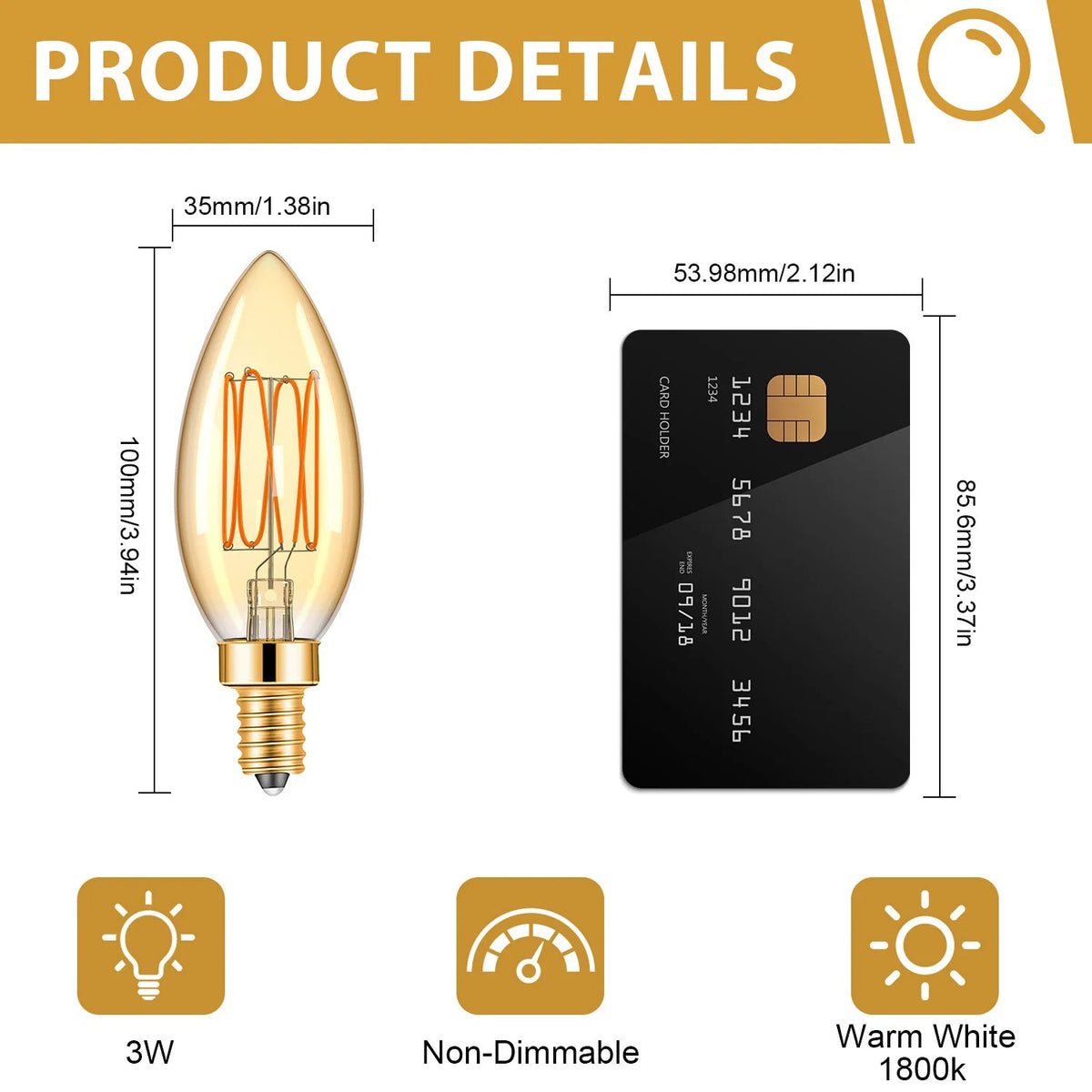 C35 Amber Candle Edison LED Filament Bulbs E14 3W 1800K, 6 or 12 Pack - Hans Lumiere