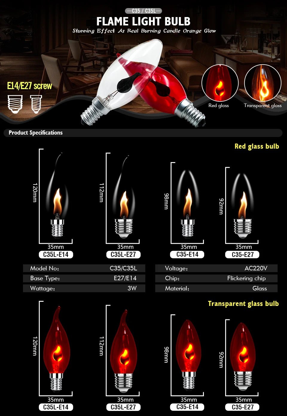 C35 & C35L Edison LED Candle Bulbs E14 E27 3W Flame Tip Filament, 1-24 Pack - Hans Lumiere