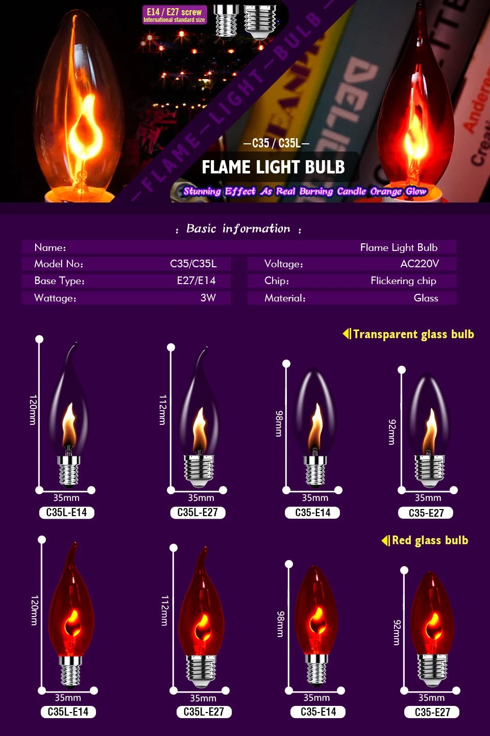 C35 Flame Tip Edison LED Candle Bulbs E14 E27 3W, Vintage Flickering Effect, 1-12 Pack - Hans Lumiere