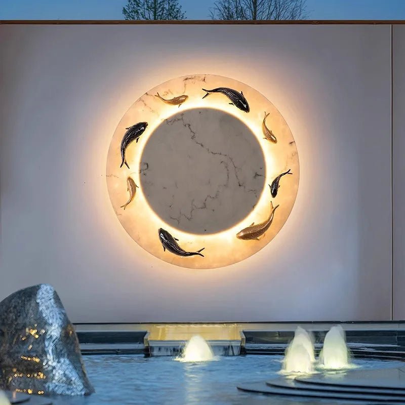 Chinese Style Round Artificial Fish Marble LED Wall Light - Hans Lumiere