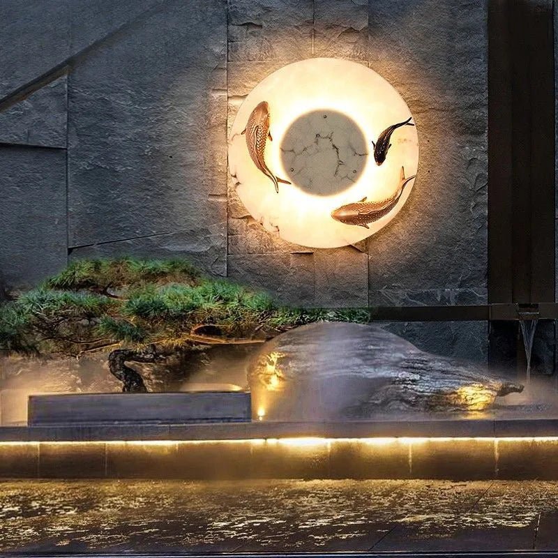 Chinese Style Round Artificial Fish Marble LED Wall Light - Hans Lumiere