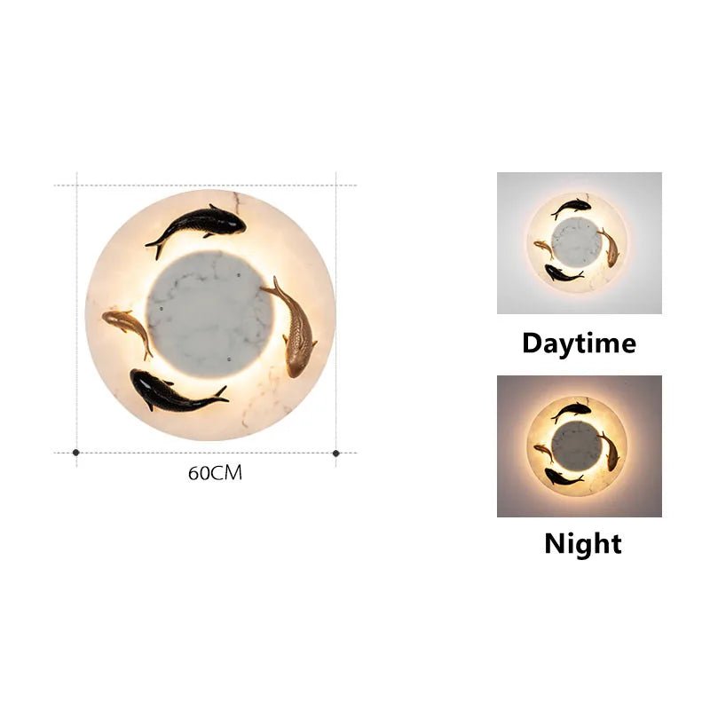 Chinese Style Round Artificial Fish Marble LED Wall Light - Hans Lumiere