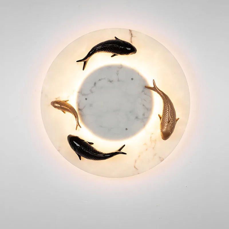 Chinese Style Round Artificial Fish Marble LED Wall Light - Hans Lumiere