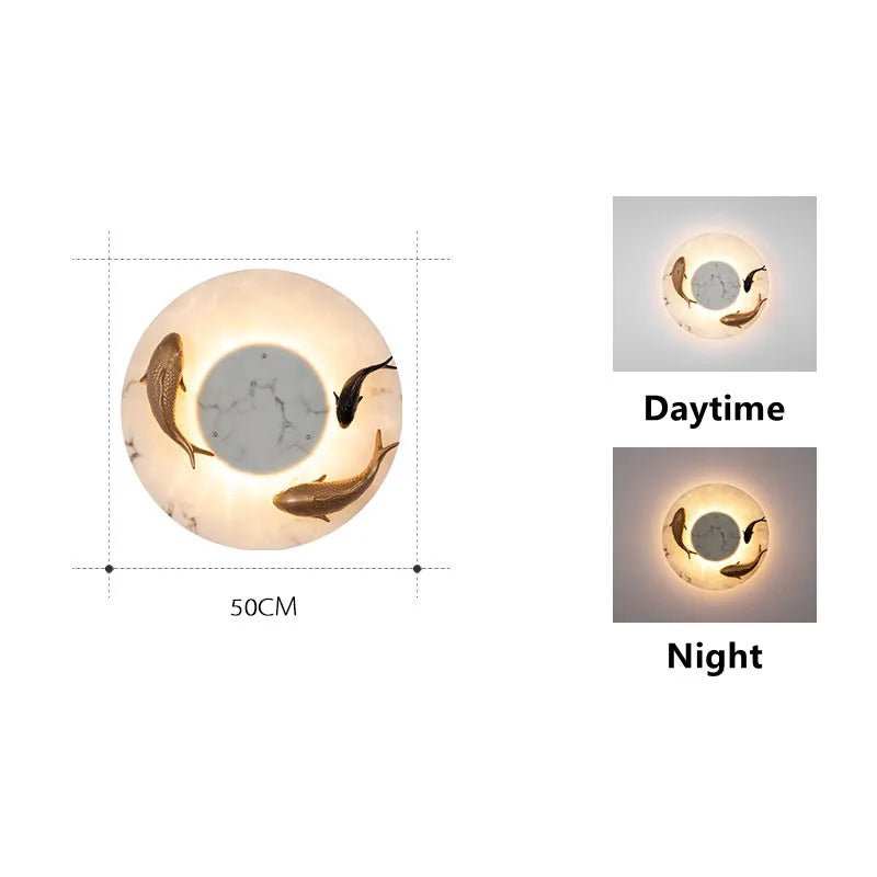 Chinese Style Round Artificial Fish Marble LED Wall Light - Hans Lumiere