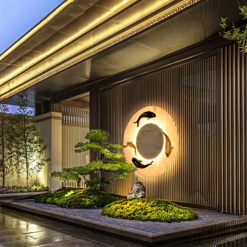 Chinese Style Round Artificial Fish Marble LED Wall Light - Hans Lumiere