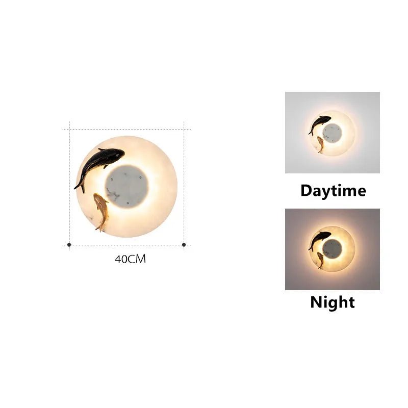Chinese Style Round Artificial Fish Marble LED Wall Light - Hans Lumiere