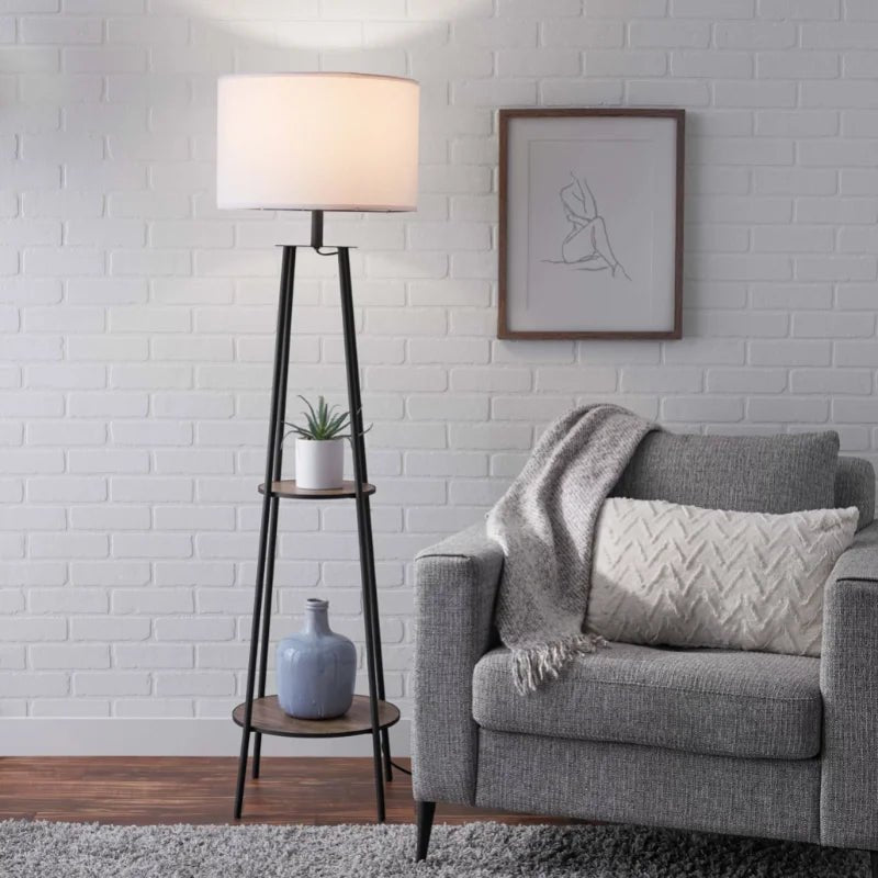 Etagere 62" Matte Black Mid - Century Style Floor Lamp, With 2 Wood Shelves - Hans Lumiere