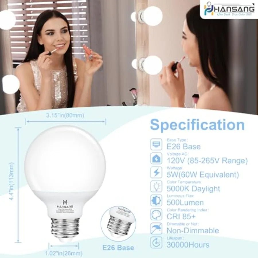 G25 LED Vanity Globe Bulbs, 60W Equivalent, 5000K Daylight, E26 - Hans Lumiere