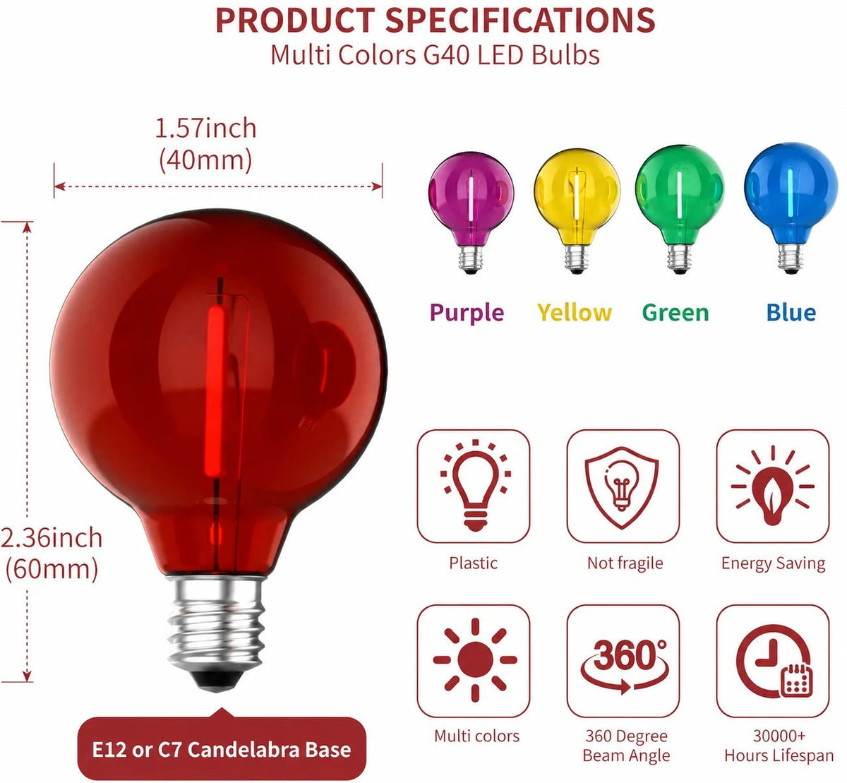 G40 Colored LED Globe Bulbs E12 1W Shatterproof, Red Blue Green Yellow Purple RGB, 25 or 50 Pack - Hans Lumiere