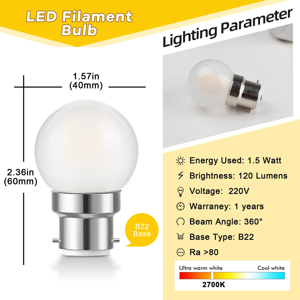 G40 Frosted Globe Edison LED Filament Bulbs B22 Bayonet 1.5W 2700K Dimmable, 2-15 Pack - Hans Lumiere