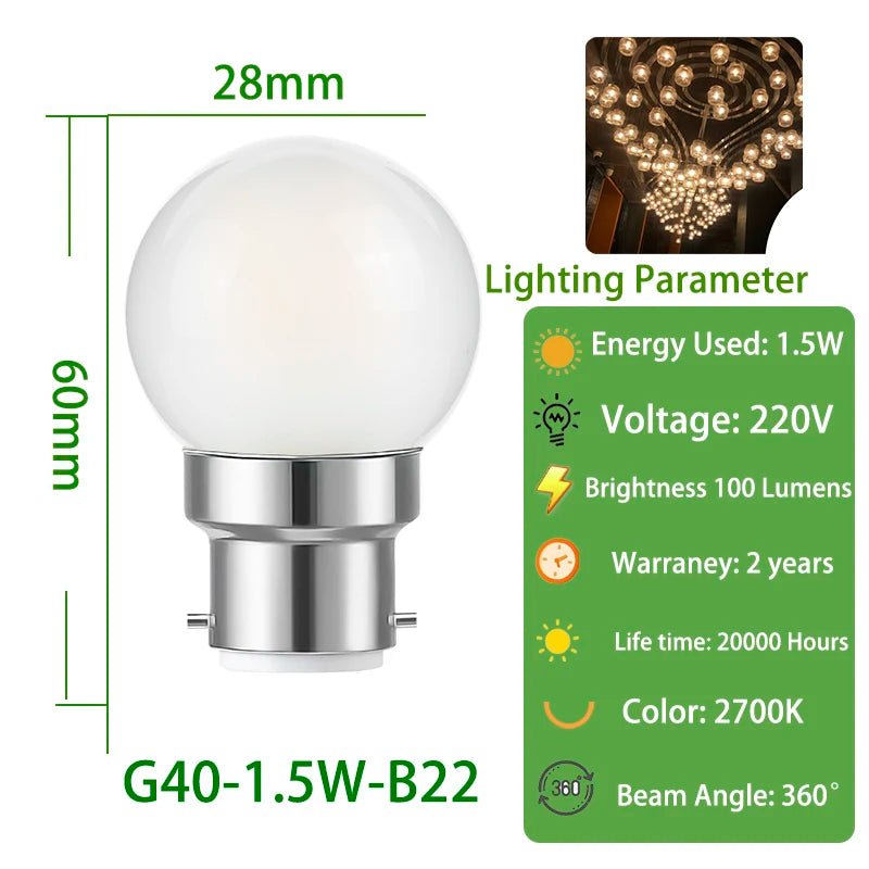 G40 Milky Glass Globe LED Filament Bulbs B22 Bayonet 1.5W 2700K, 2 or 6 Pack - Hans Lumiere
