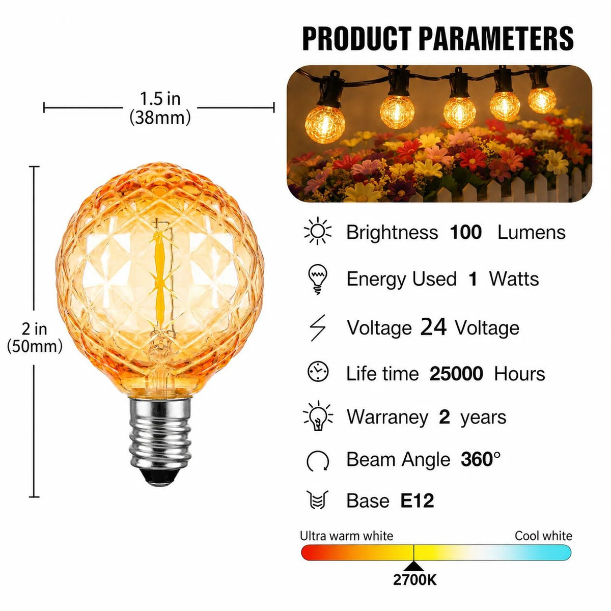 G40 Shatterproof Amber Diamond LED Bulbs E12 1W 2200K, 220V or DC 24V, String Light Replacement - Hans Lumiere