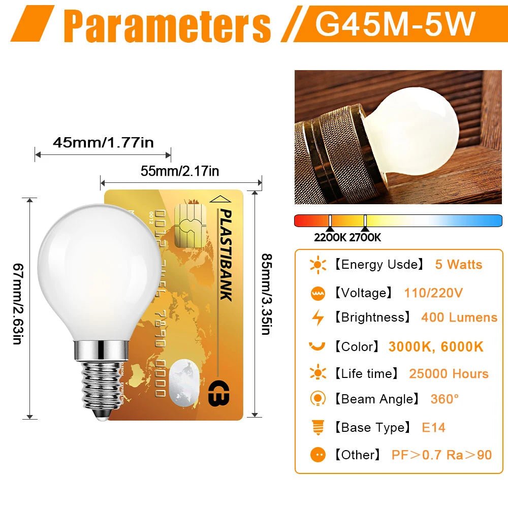 G45 Frosted Globe Edison LED Filament Bulbs E14 5W, Warm 3000K or Cool 6000K, 6 Pack - Hans Lumiere