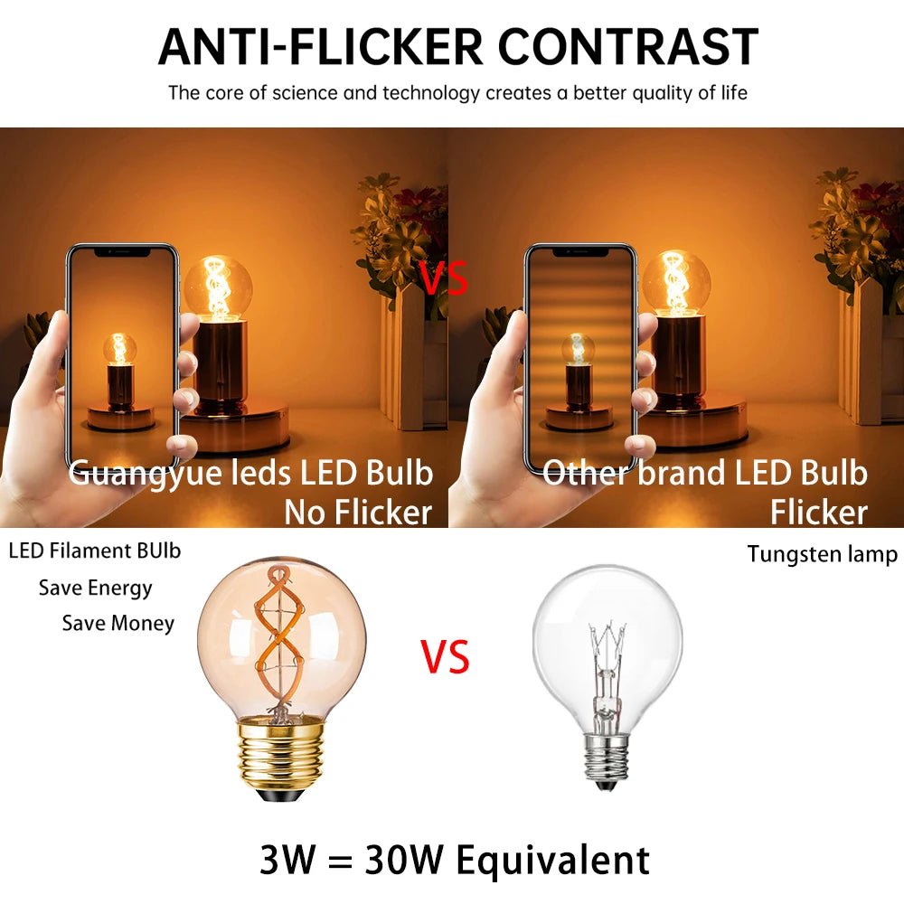G50 Spiral Filament Edison LED Globe Bulbs 3W 2200K Dimmable, E12 E14 E26 E27, 2 or 6 Pack - Hans Lumiere