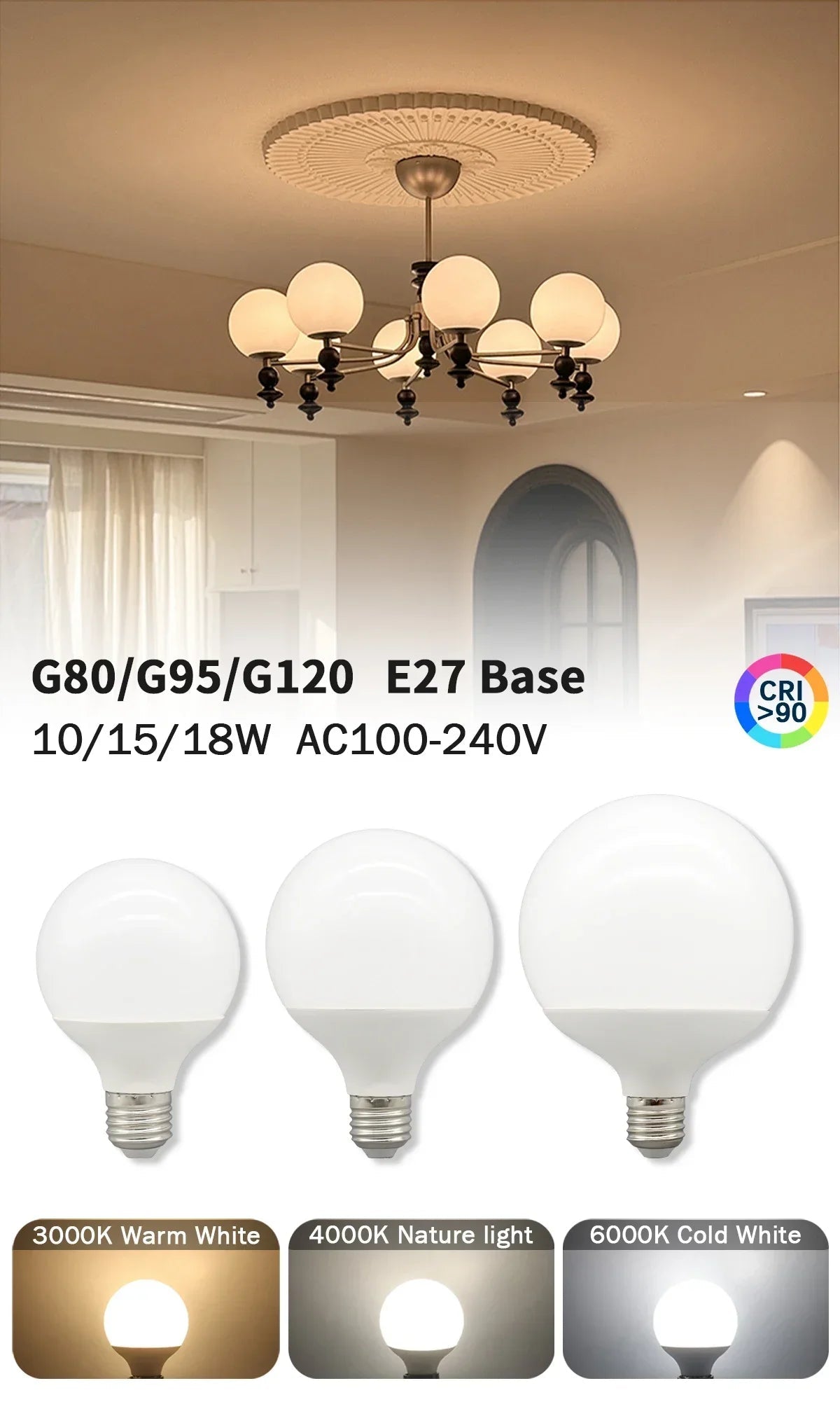 G80 G95 G125 Milky Globe LED Bulbs E27 10W 15W 18W CRI 90, Warm Neutral or Cool White, 6 Pack - Hans Lumiere