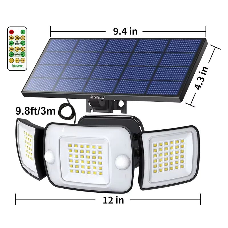 Intelamp Solar Security Flood Light – 3-Head Dual Motion Sensor, 270° - Hans Lumiere