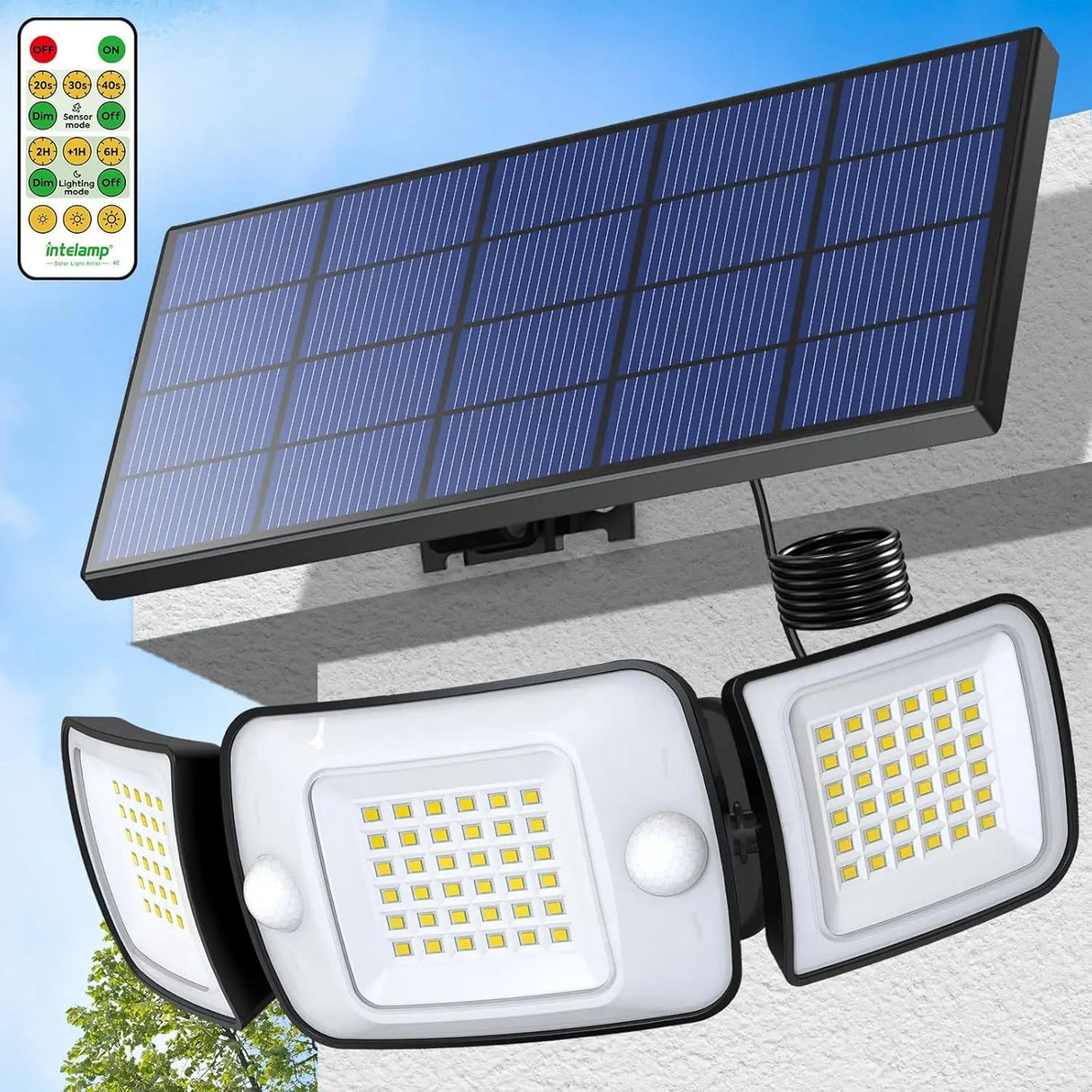 Intelamp Solar Security Flood Light – 3-Head Dual Motion Sensor, 270° - Hans Lumiere