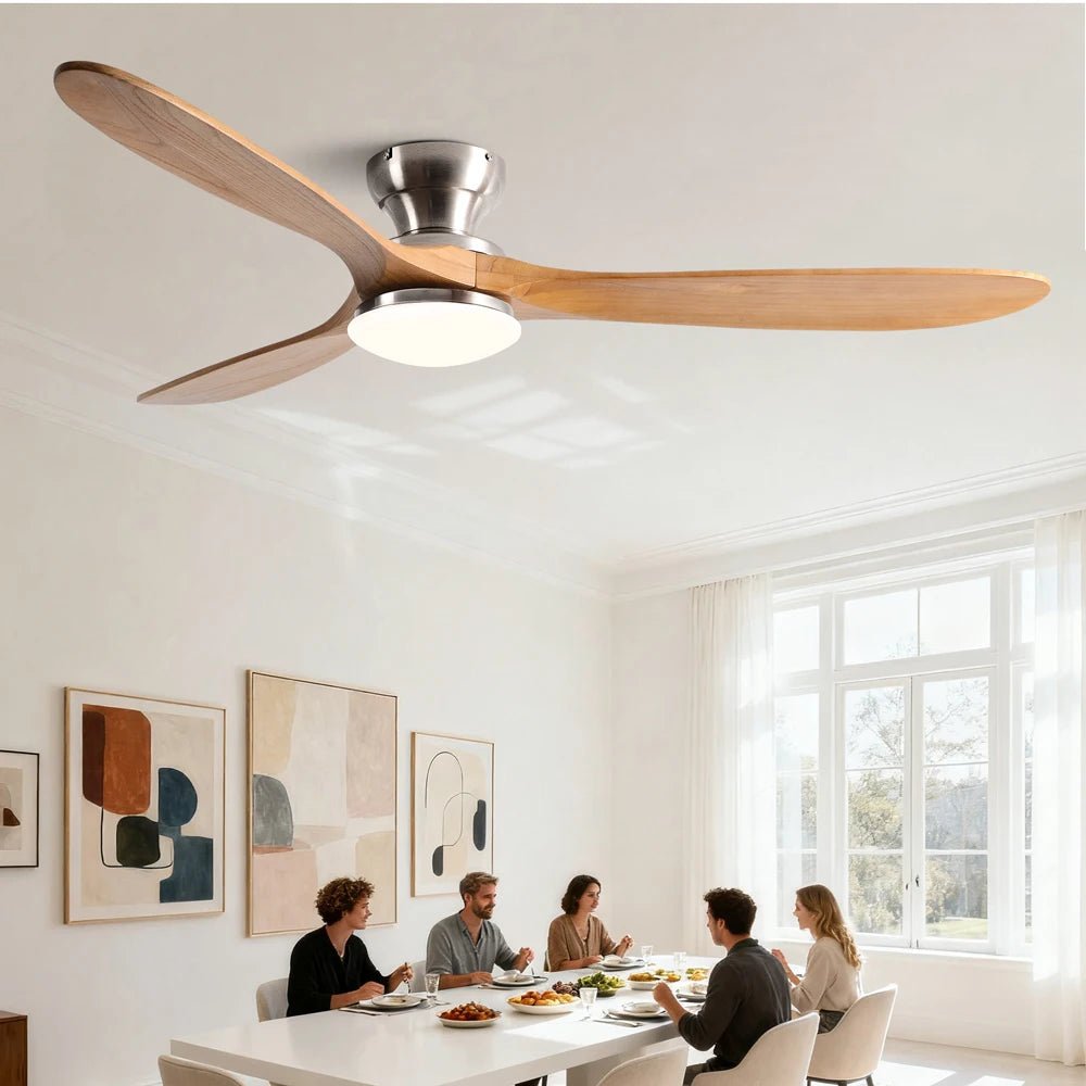 Low-Profile Wood Blade Ceiling Fan with LED Light & Remote - Hans Lumiere
