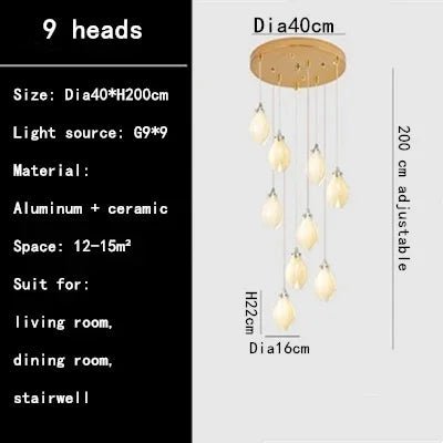 Luxury Ceramic Magnolia Long LED Chandelier - Hans Lumiere