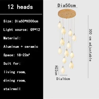 Luxury Ceramic Magnolia Long LED Chandelier - Hans Lumiere