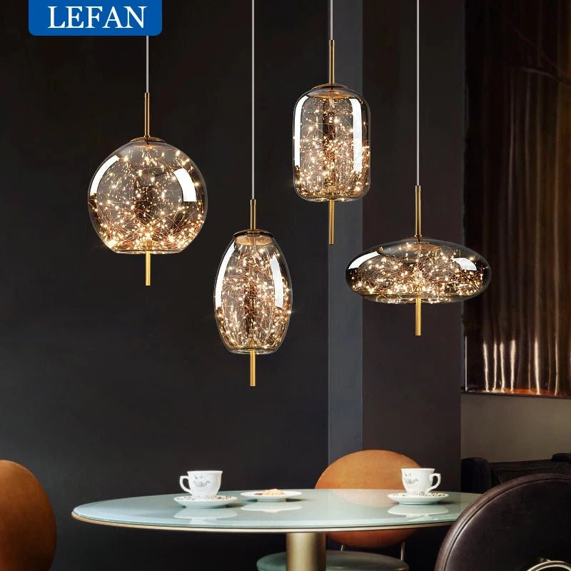 Modern Luxury Nordic Glass LED Pendant Light – Gold & Grey Chandelier for Dining Room - Hans Lumiere