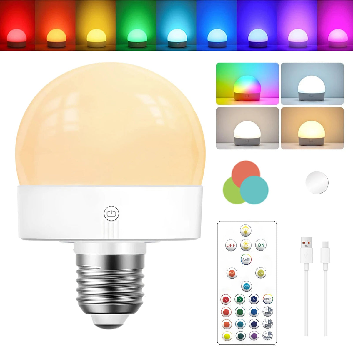 Rechargeable LED Light Bulb E27 with Remote, 2200mAh, 3 Color Temperatures, Dimmable & Timer - Hans Lumiere