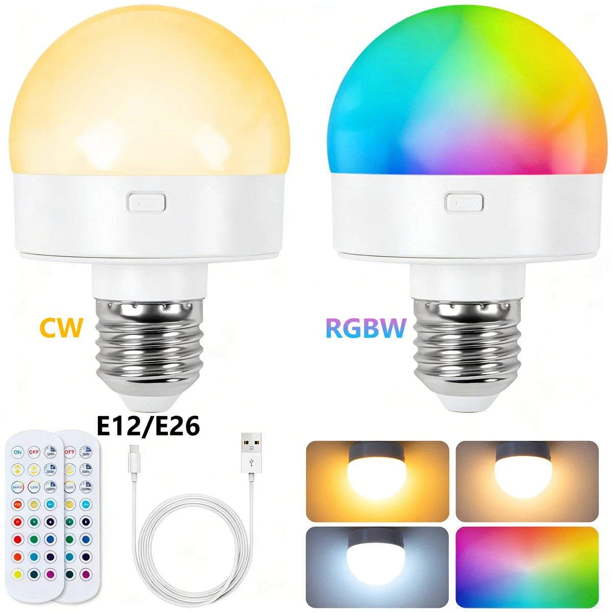 Rechargeable LED Light Bulbs with Remote, Dimmable, 3 Color Temperatures, E12 E26 - Hans Lumiere