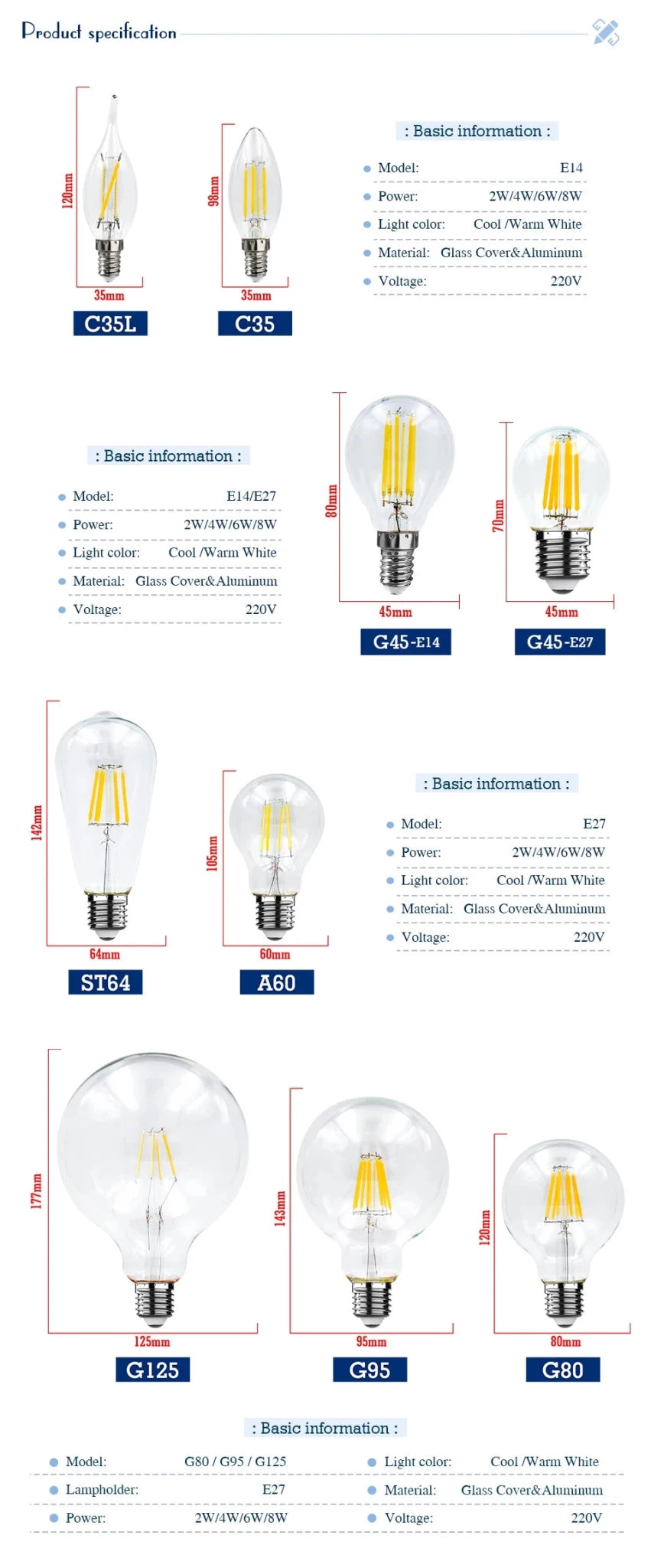 Retro Edison LED Filament Bulbs E14 E27 2W to 8W, C35 G45 A60 ST64 G80 G95 G125 - Hans Lumiere