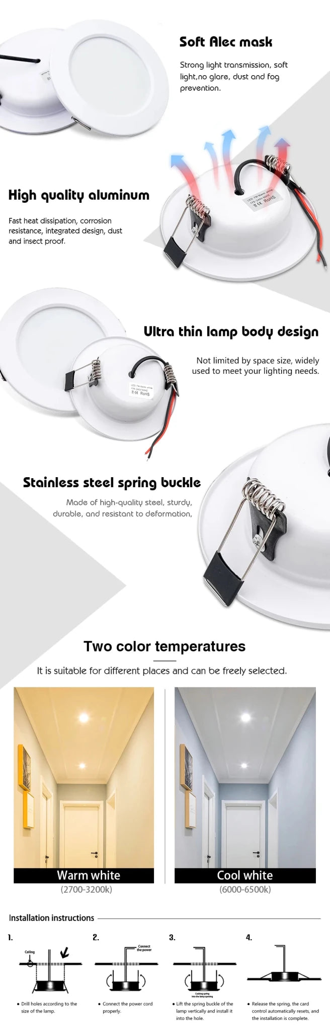 Round Recessed LED Downlight 5W to 18W, Warm or Cool White, 12V 24V 110V 220V, 1-10 Pack - Hans Lumiere