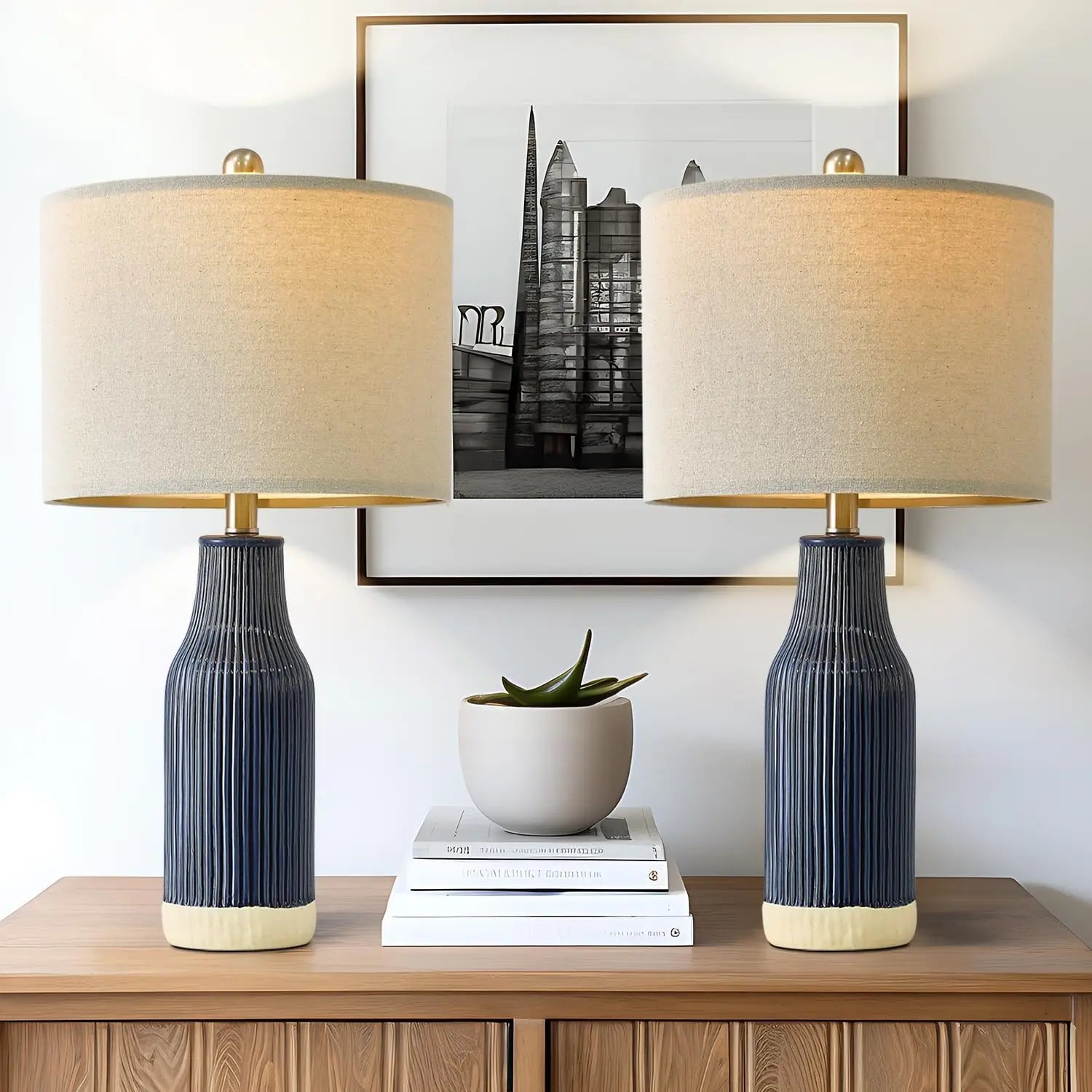 Set of 2 Modern Green Ceramic Table Lamps - Hans Lumiere