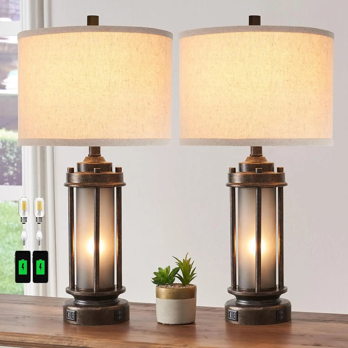 Set of 2 Rustic Vintage Farmhouse Lamps With 2 USB Charging Ports - Hans Lumiere