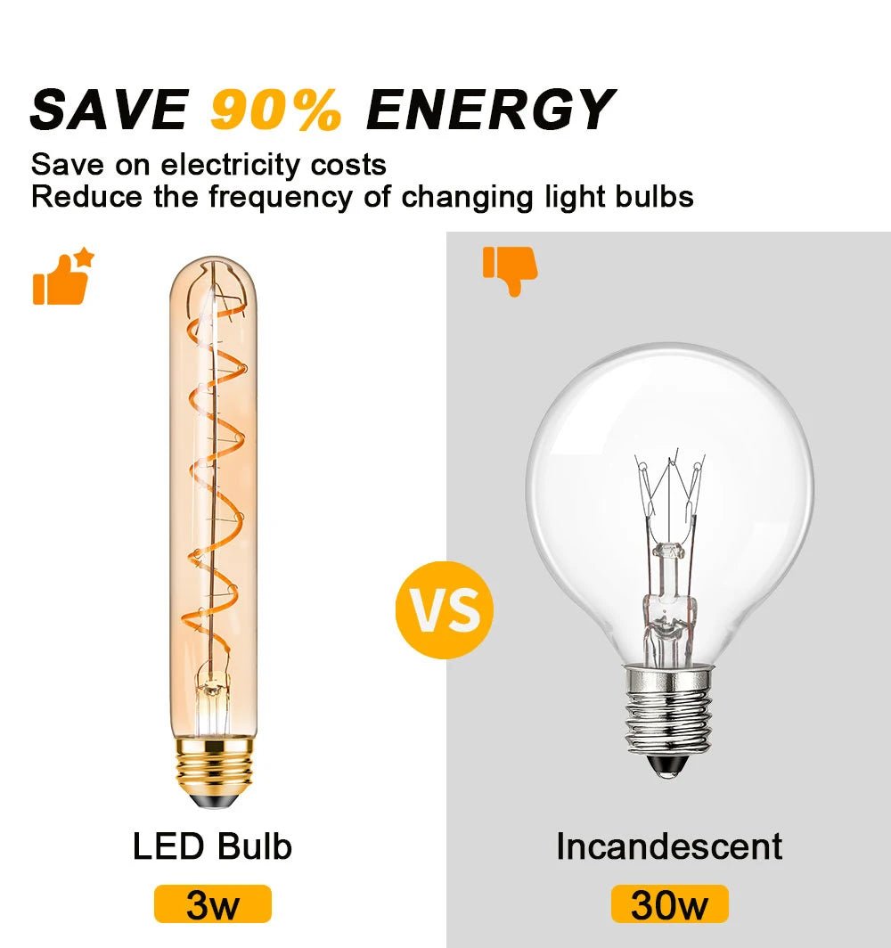 T185 Spiral Filament Edison Tube LED Bulb E26 E27 3W 2200K Amber, Dimmable - Hans Lumiere