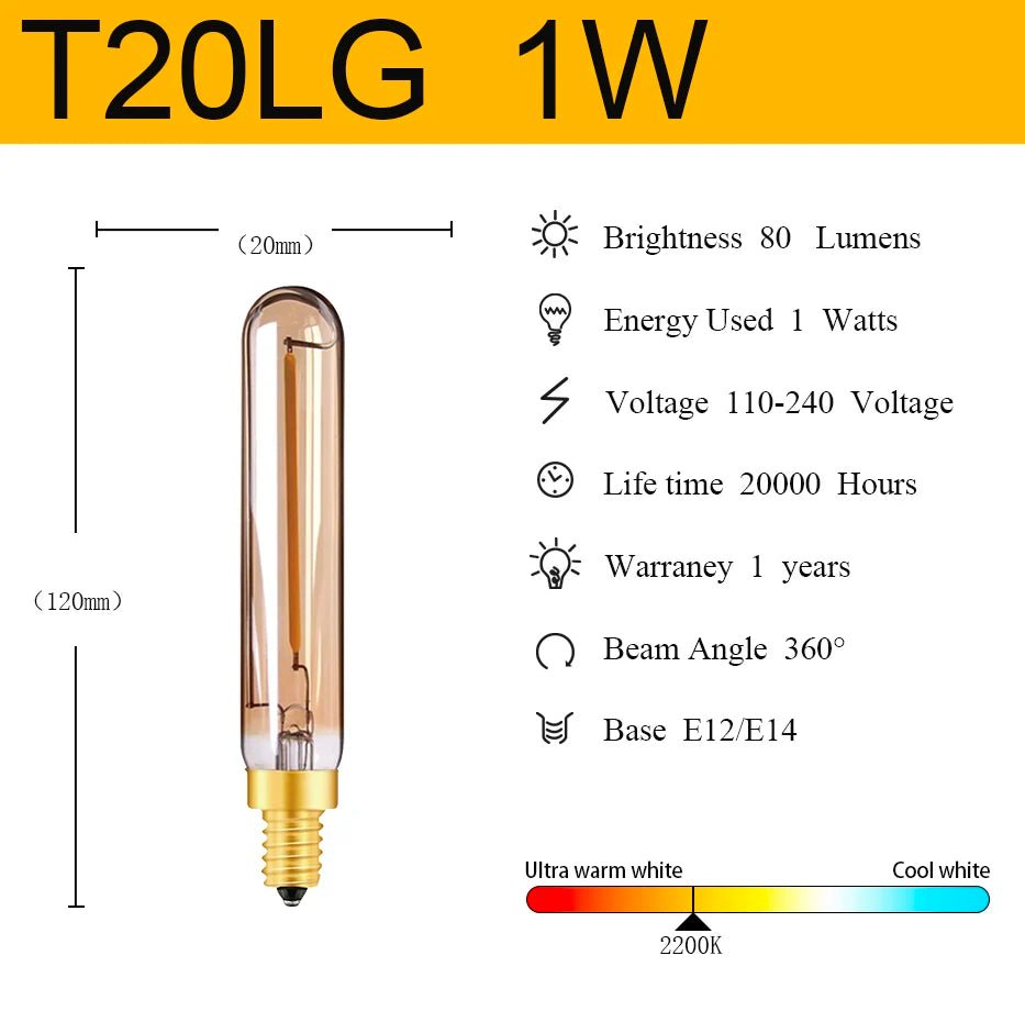 T20 Mini Tube Edison LED Filament Bulbs E14 1W 2W Dimmable, 4 Pack - Hans Lumiere