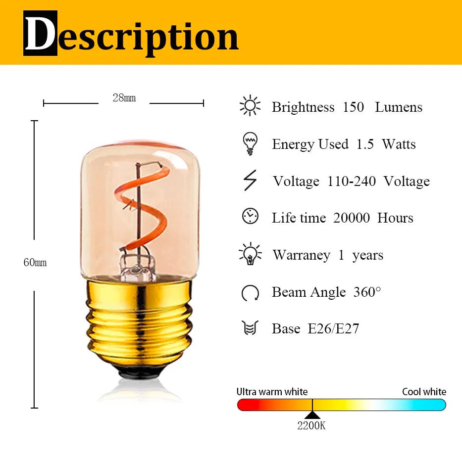 T28 Mini Tube Spiral Filament LED Bulb 1.5W 2200K Amber, E26 E27 - Hans Lumiere