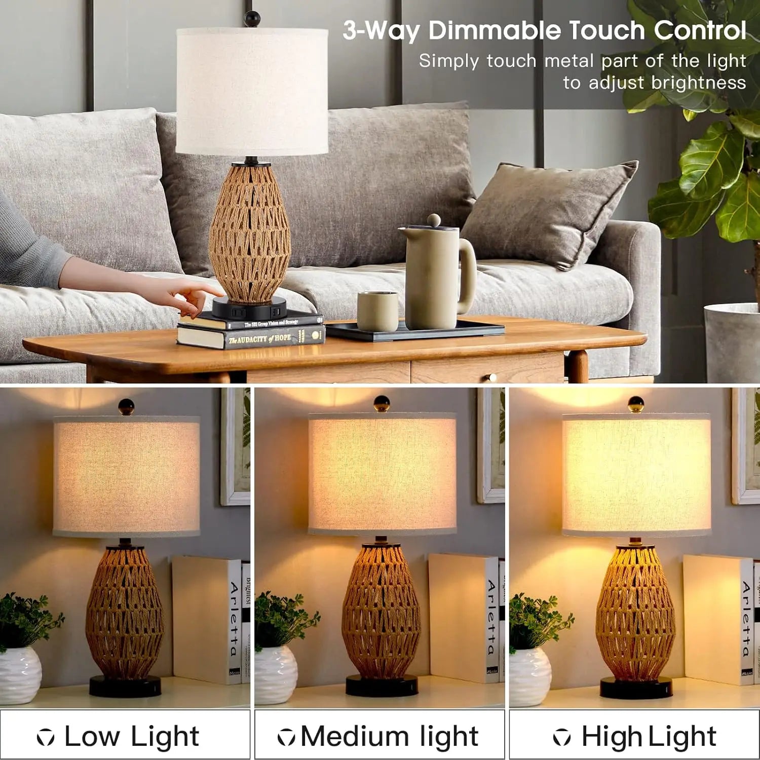 Touch Control Rattan Table Lamp With 2 USB Ports and AC Outlet - Hans Lumiere